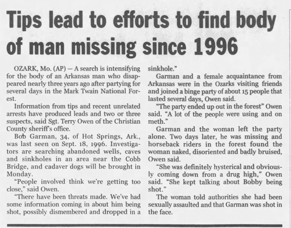 Newspaper article about Bob Garman from 1999, text is written out below