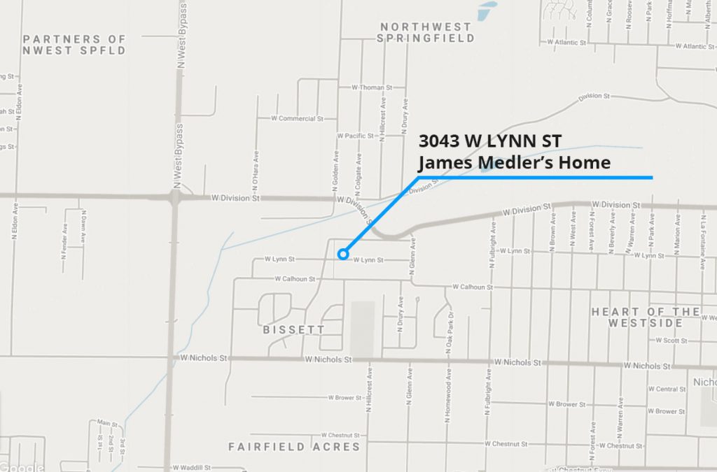 Map of Northern Springfield Showing 3043 W Lynn highlighted and labeled as James Medler's Home